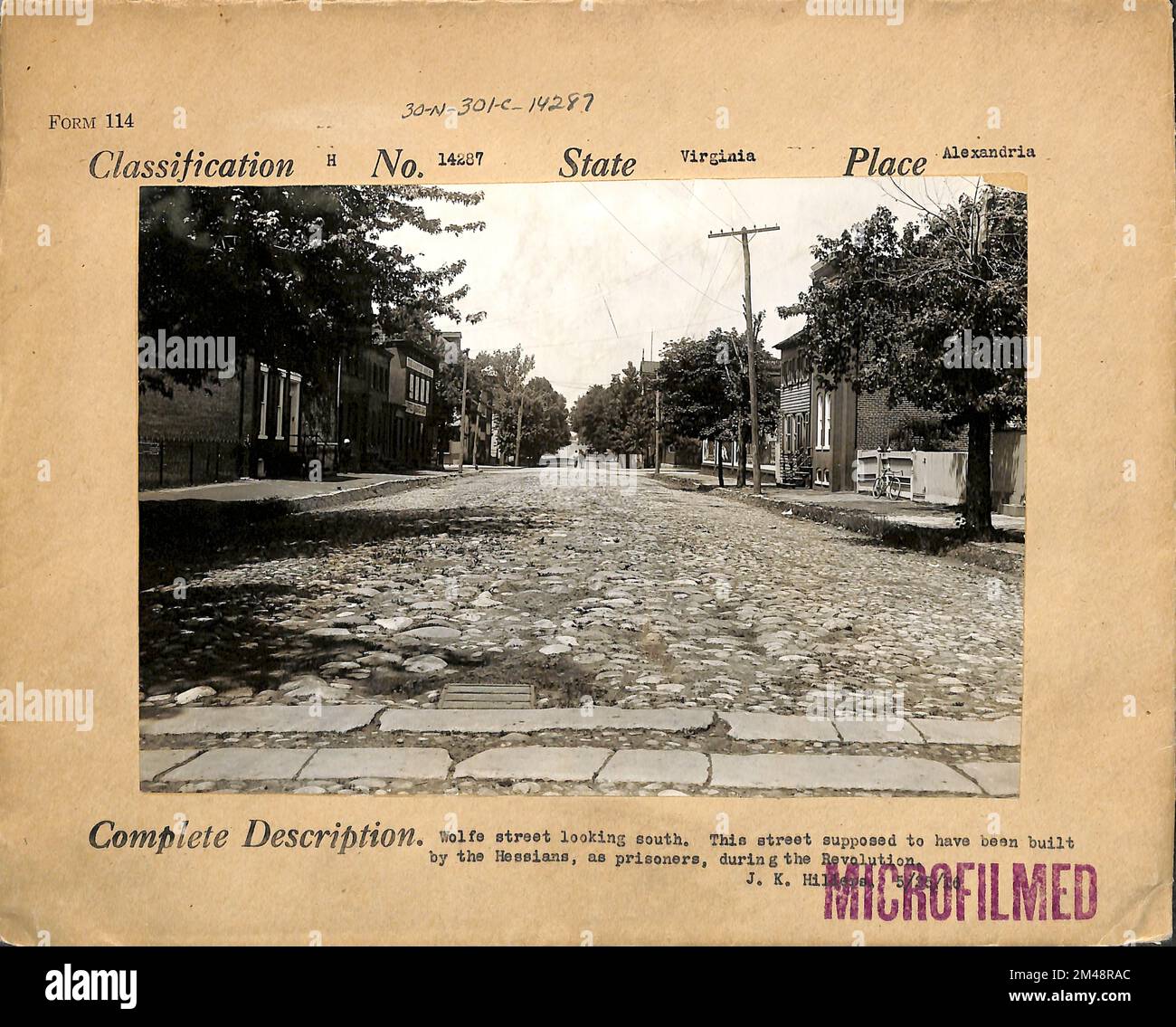 Wolfe Street Looking South. Original caption: Wolfe Street looking south. Supposed to have been built by the Hessians, as prisoners during the Revolution. J. K. Hillers, 5/25/1916. State: Virginia Place: Alexandria. Stock Photo