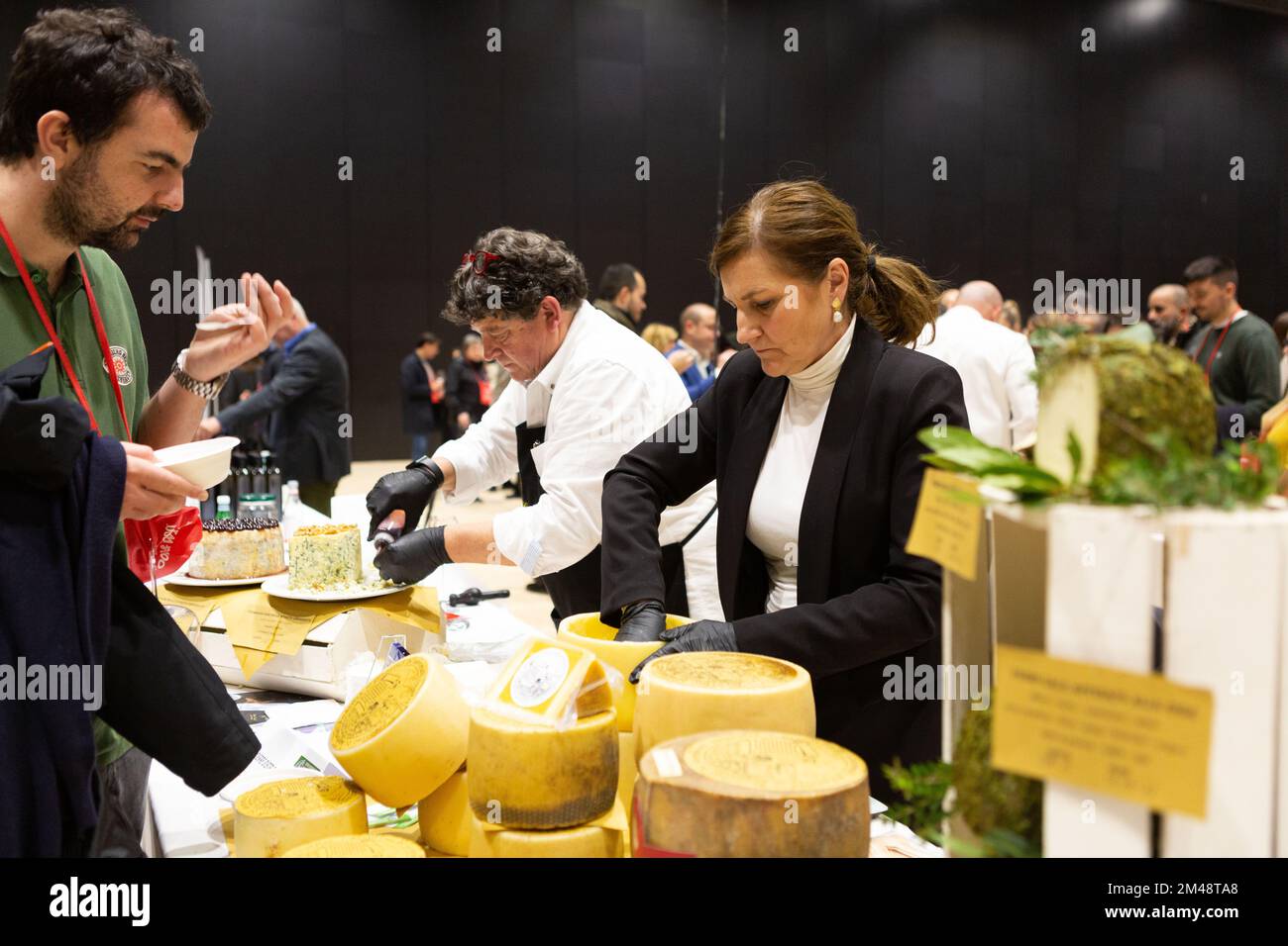 Cheese producers stall at Wine fair - Beve Bene - (Drink well) held by the Gambero Rosso organisation at the Nuvola in Rome's EUR quarter. Stock Photo