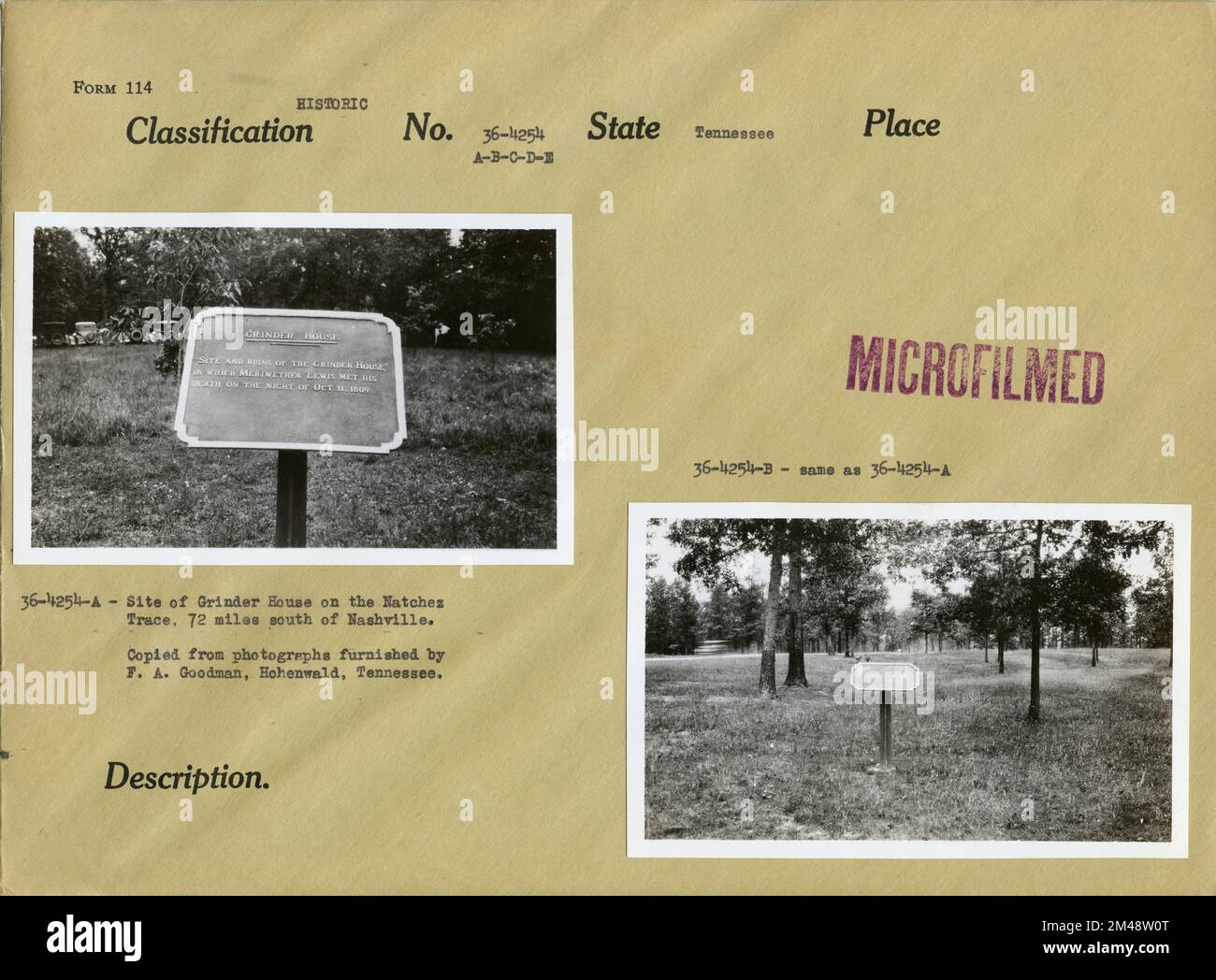 Site of Grinder House on the Natchez Trace. Original caption Site of