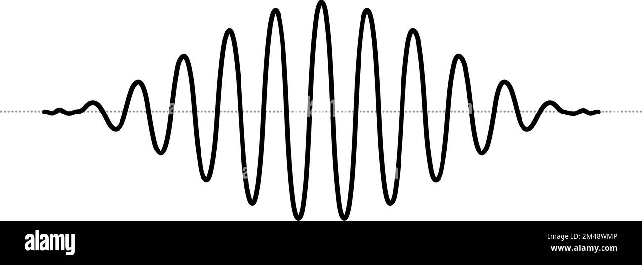 Sinusoid fading signal. Black curve sound wave. Voice or music audio concept. Pulse line. Fading out electronic radio graphic. Stock Vector