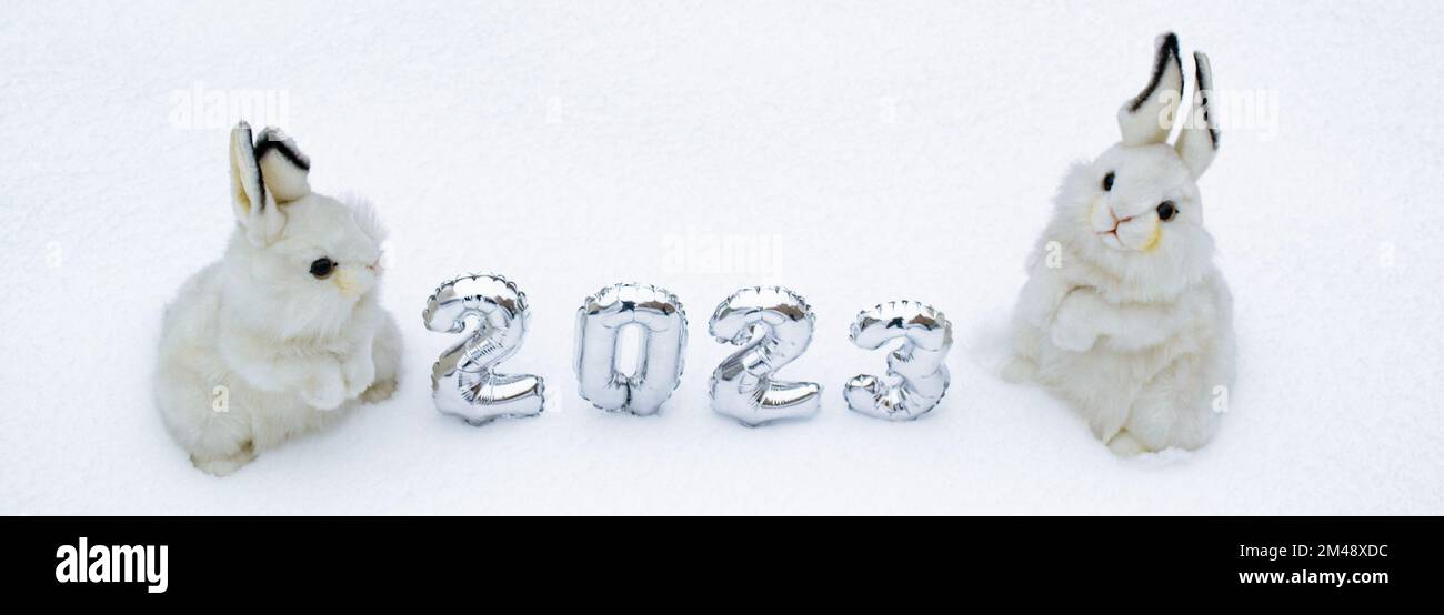 Banner with two white cute fluffy bunny toys with silver numbers 2023 on the white snow forest background. Copy space. Symbol of Chinese New Year 2023 Stock Photo