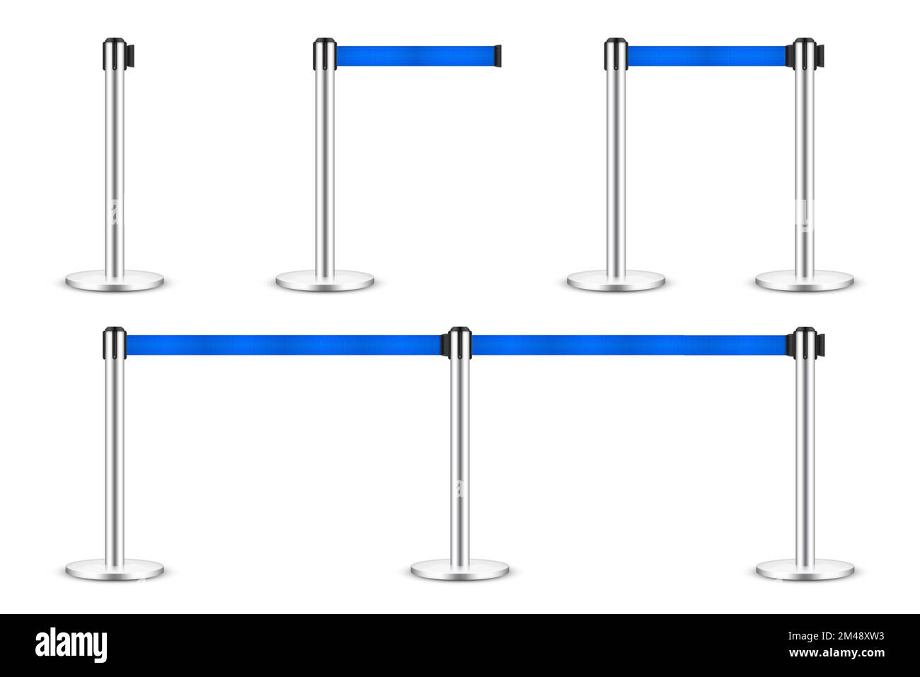 Realistic blue retractable belt stanchion. Crowd control barrier posts with caution strap. Queue