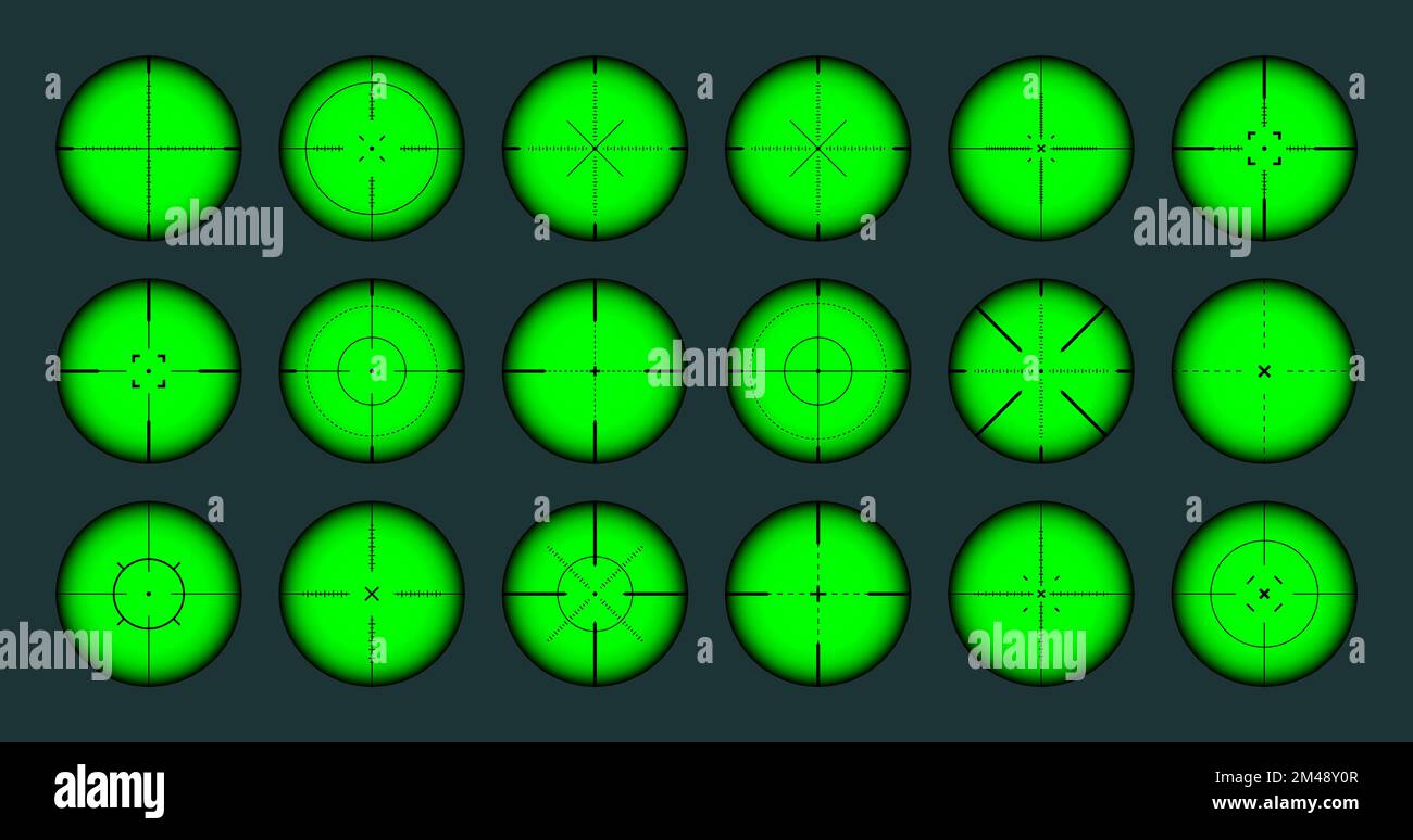 Various weapon night sights, sniper rifle optical scopes. Hunting gun