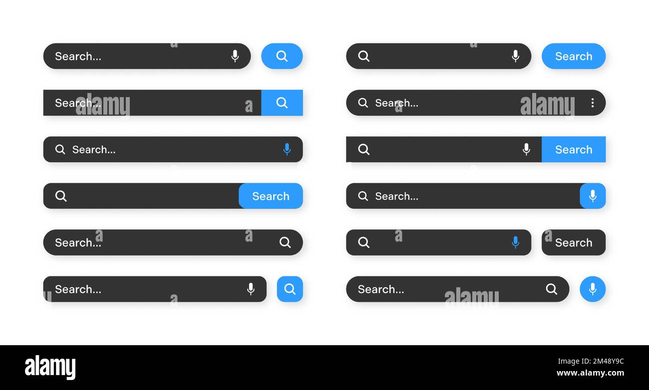 Various search bar templates, dark mode. browser engine with search box, address bar