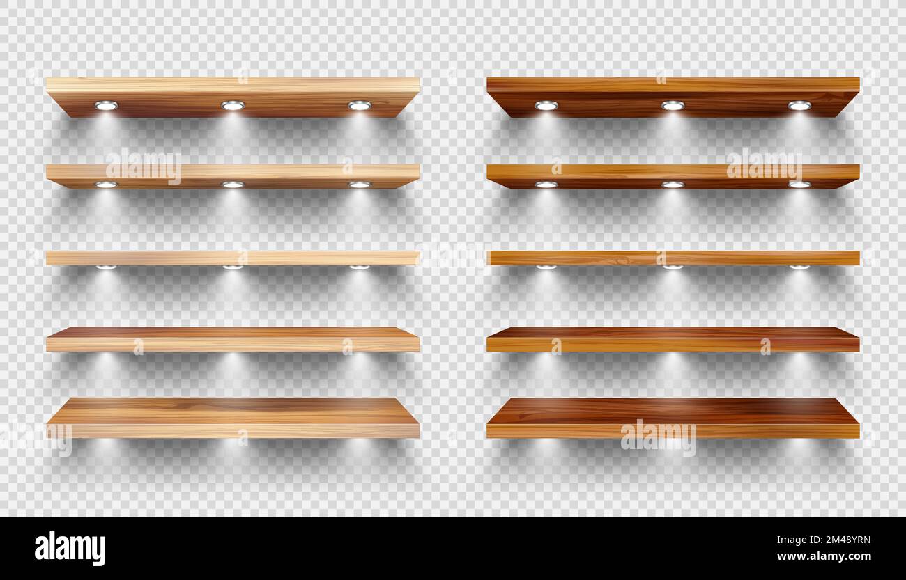 Realistic wooden store shelves with lighting, spotlights. Empty product ...