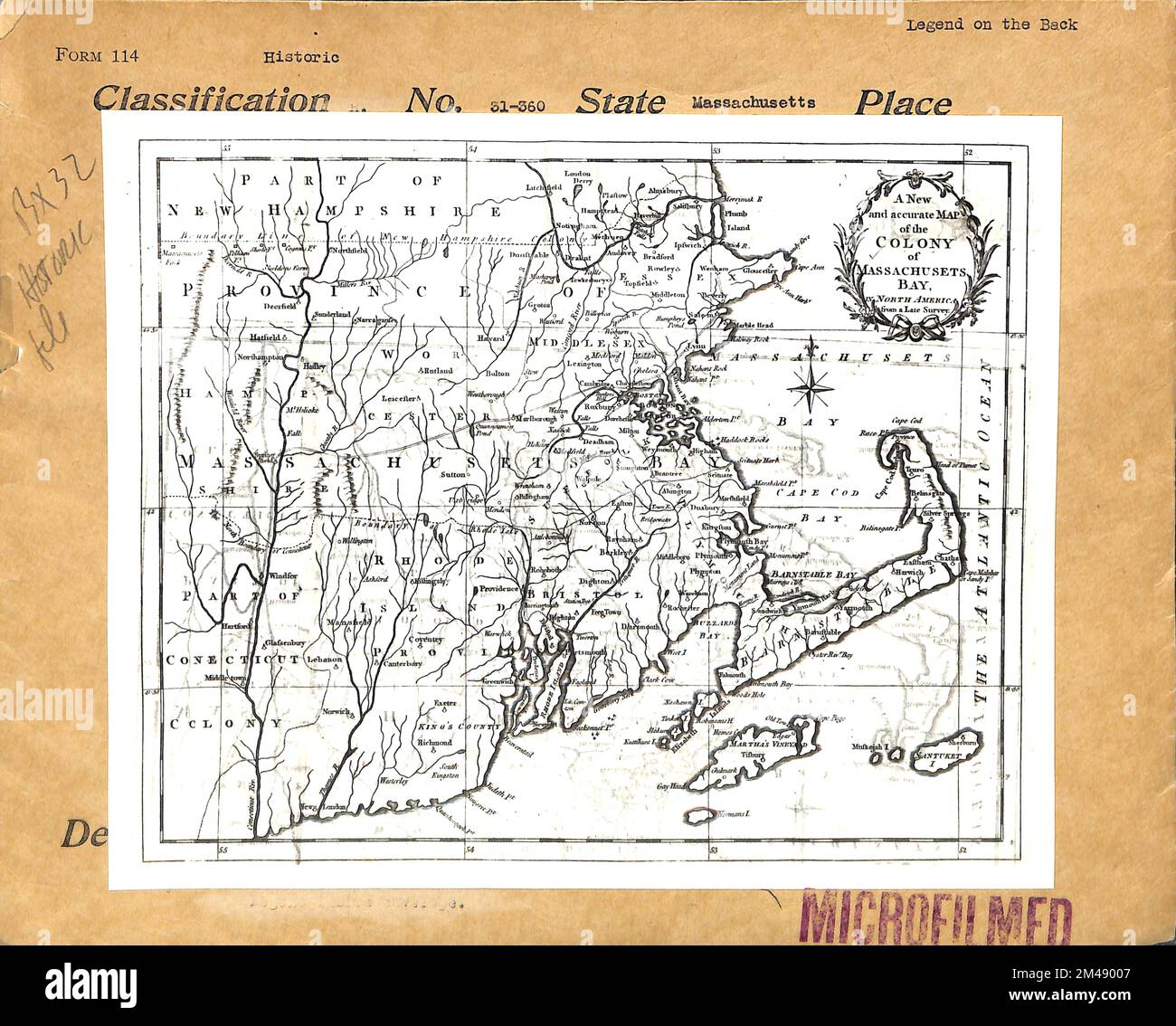 A New and Accurate Map of the Colony of Massachusetts Bay. Original caption: A new and accurate map of the Colony of Massachusetts Bay - Universal Magazine of Knowledge and Pleasure, London, England. p. 281, vol. 67, July - Dec. 1780. State: Massachusetts. Stock Photo