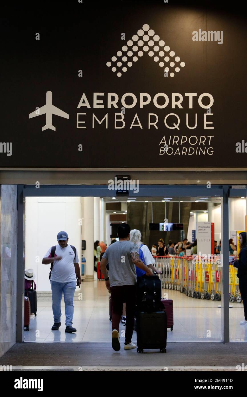 Santos Dumont Airport Rio de Janeiro. Airline passengers queue at terminal for arrival and departure flights, check-in counter and baggage drop Stock Photo