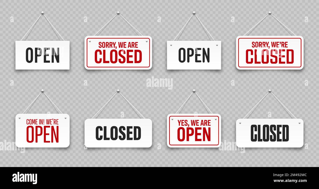 Realistic open or closed hanging signboards. Vintage door sign for cafe ...