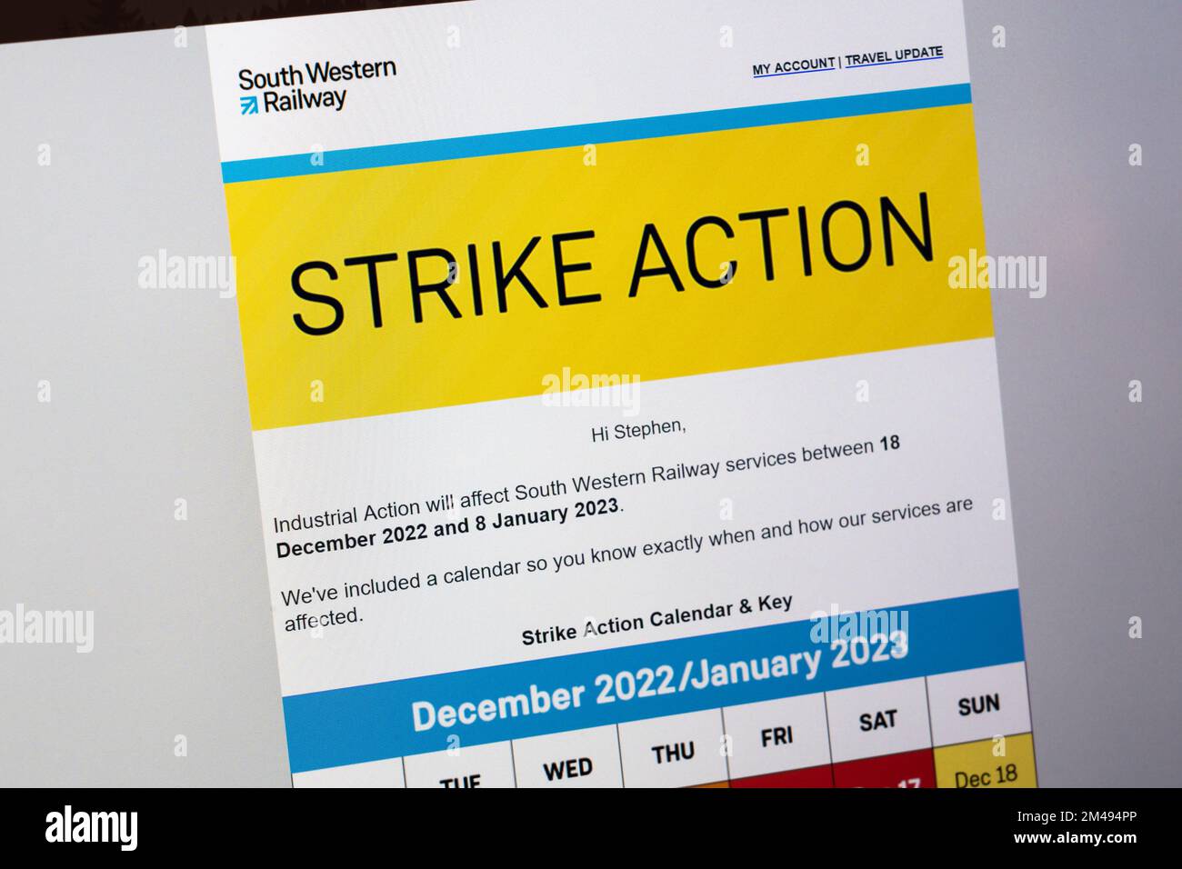 Email from South Western Railway warning of industrial strike action