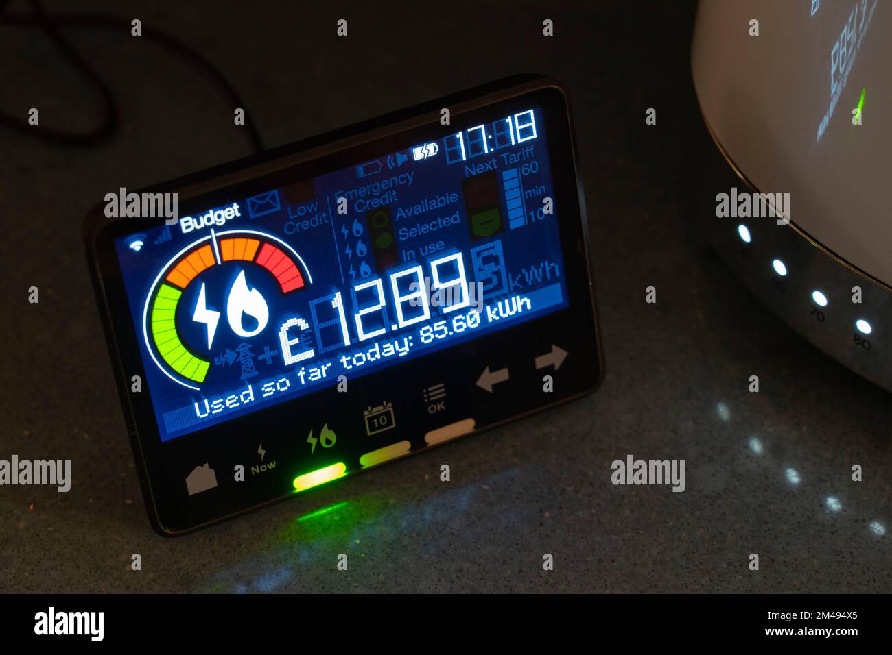 Smart energy meter showing energy usage in kilowatt hours (kWh). Theme: cost of living, rising energy bills, living standards, energy usage Stock Photo