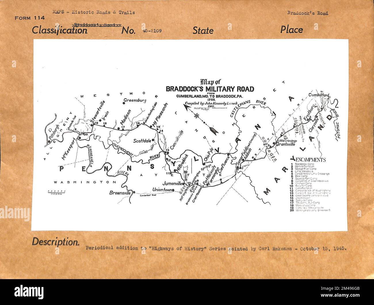 Map of Braddock's Military Road from Cumberland, Maryland, to Braddock