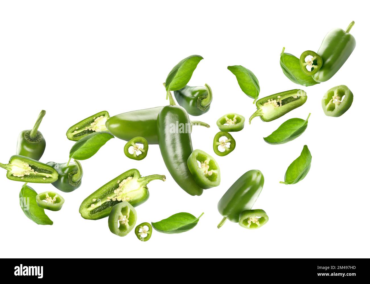 Flying green jalapeno peppers and fresh basil leaves on white