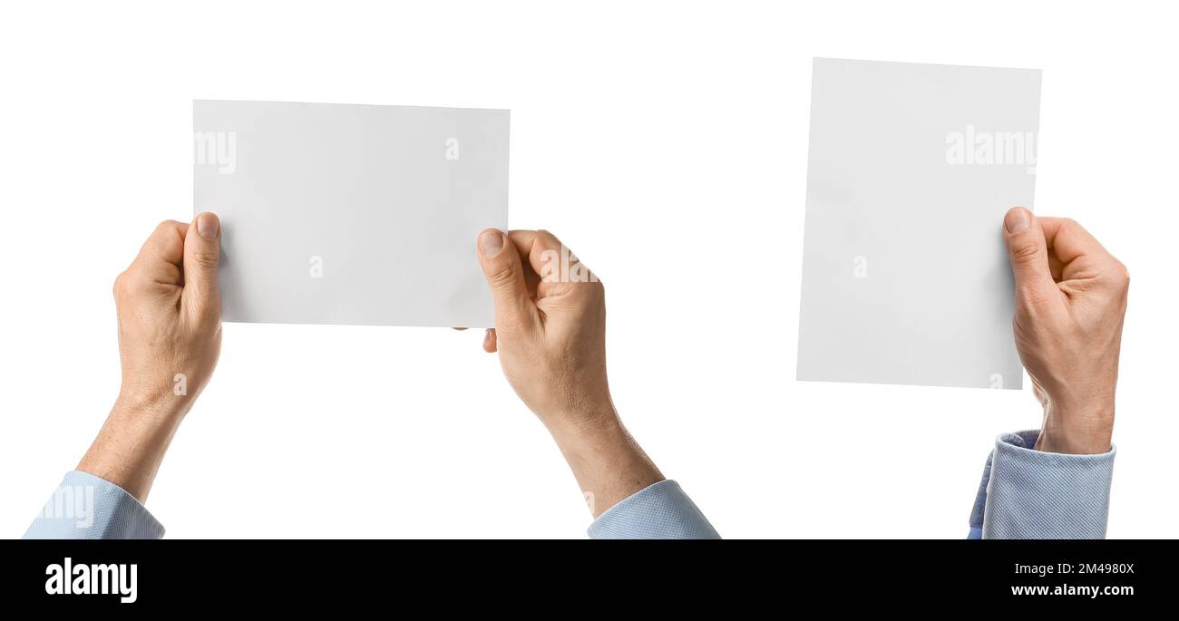 Collage of male hands holding blank paper sheets on white background ...
