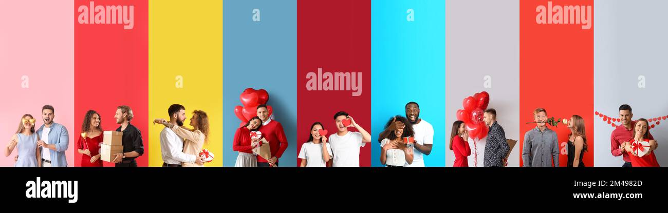 Collage of happy young couples on color background. Valentines Day ...