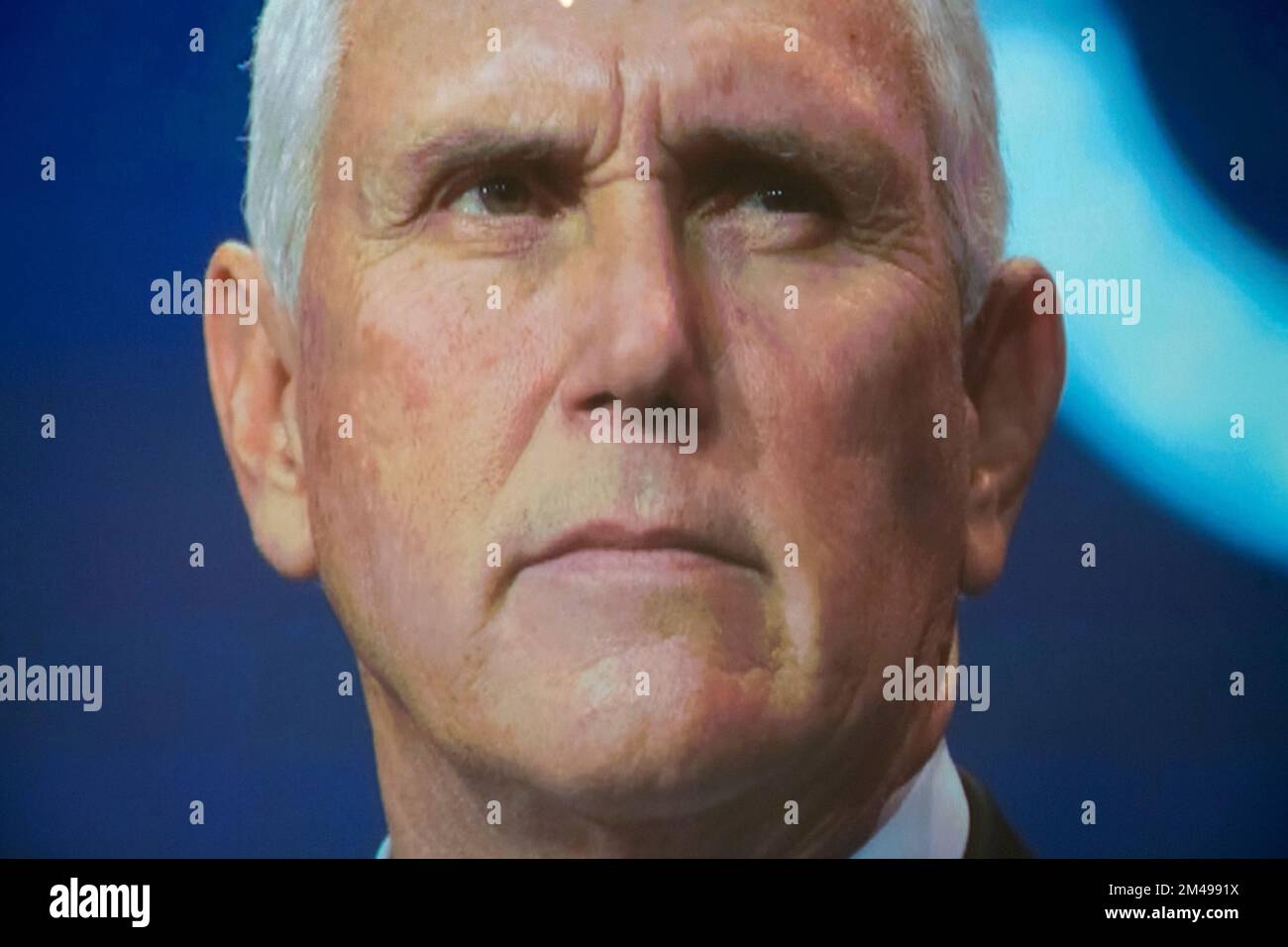 An image of former Vice President Mike Pence is seen on a screen on day ten of the United States House Select Committee to Investigate the January 6th Attack on the US Capitol hearing on Capitol Hill in Washington, DC on December 19, 2022. The House select committee investigating the Jan. 6, 2021, attack on the U.S. Capitol voted, for the first time in American history, to refer criminal charges against a former United States president to the Department of Justice. This concludes an 18-month long investigation of the insurrection that rocked the country's democratic election system. Credit: Ro Stock Photo