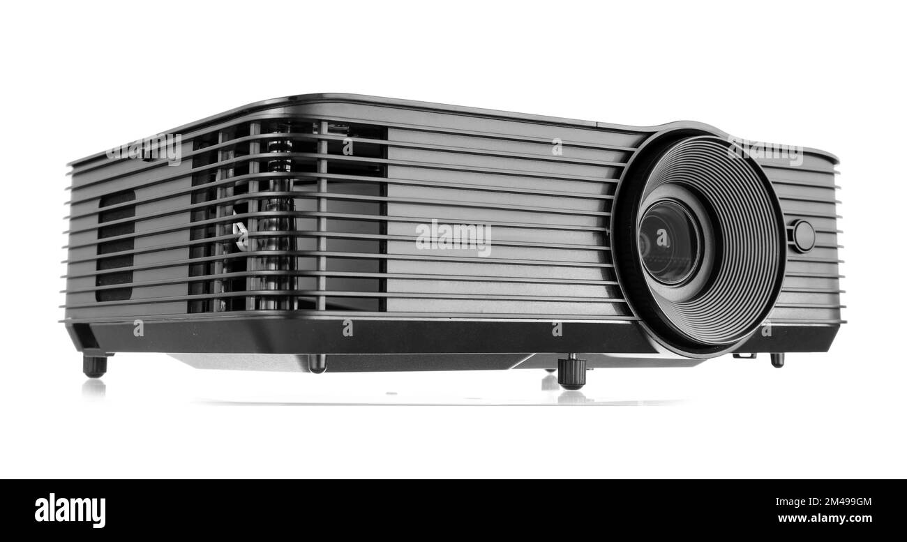 Black video projector on white background Stock Photo Alamy