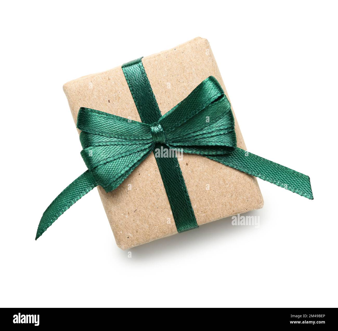 Gift box tied with beautiful green ribbon on white background Stock ...