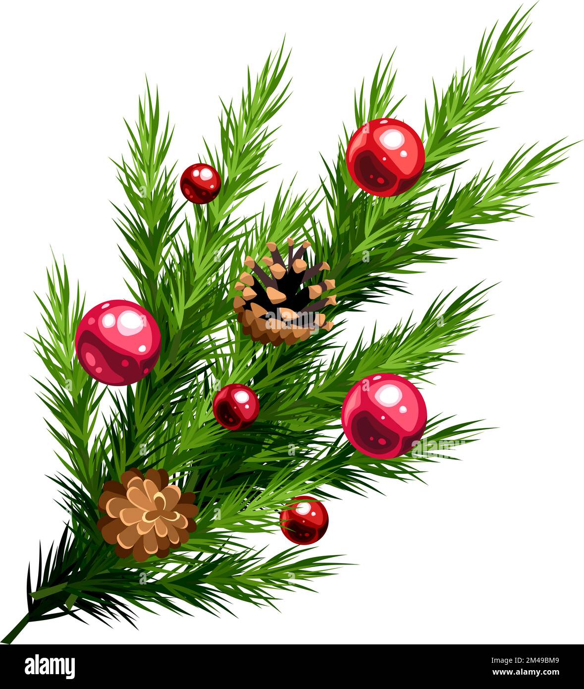 Christmas fir branch with red Christmas balls and pine cones isolated ...