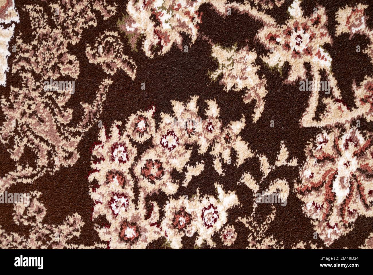 Textured fragment of contrast persian carpet, macro photo for background. Close up view of details of pattern with floral ornament of short pile rug. Concept of texture and background. Stock Photo