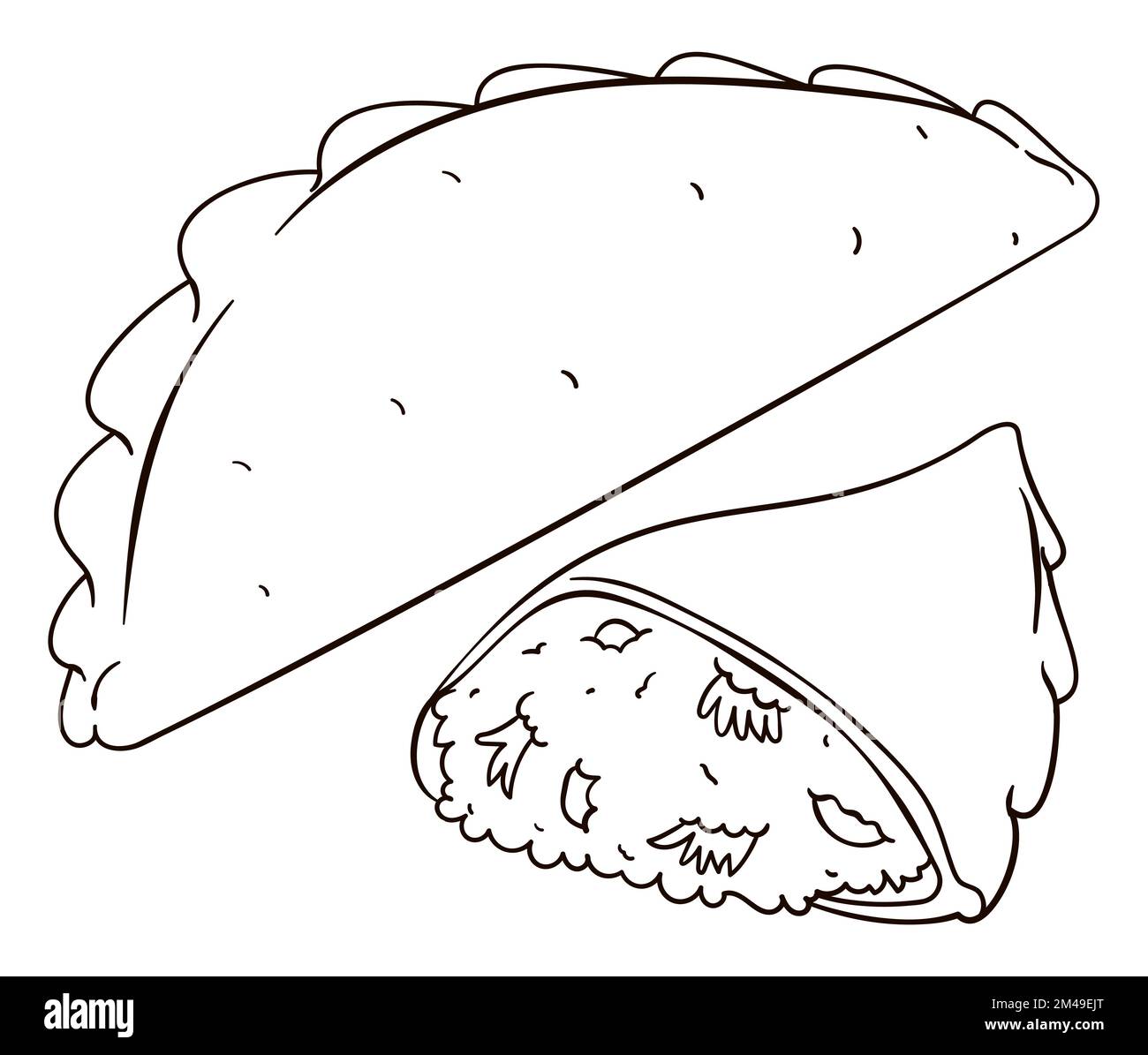 Drawing to coloring of a delicious empanada, one whole and another sliced showing the tasty filling. Stock Vector