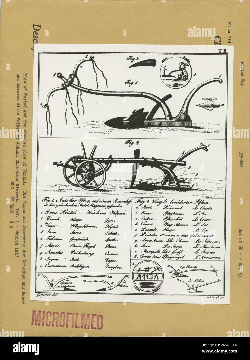 Plow of Hesiod and the Wheeled Plow of Virgil. Original caption Plow