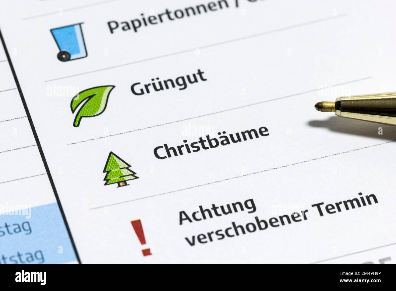 Annual calendar for waste disposal, green waste, Christmas trees