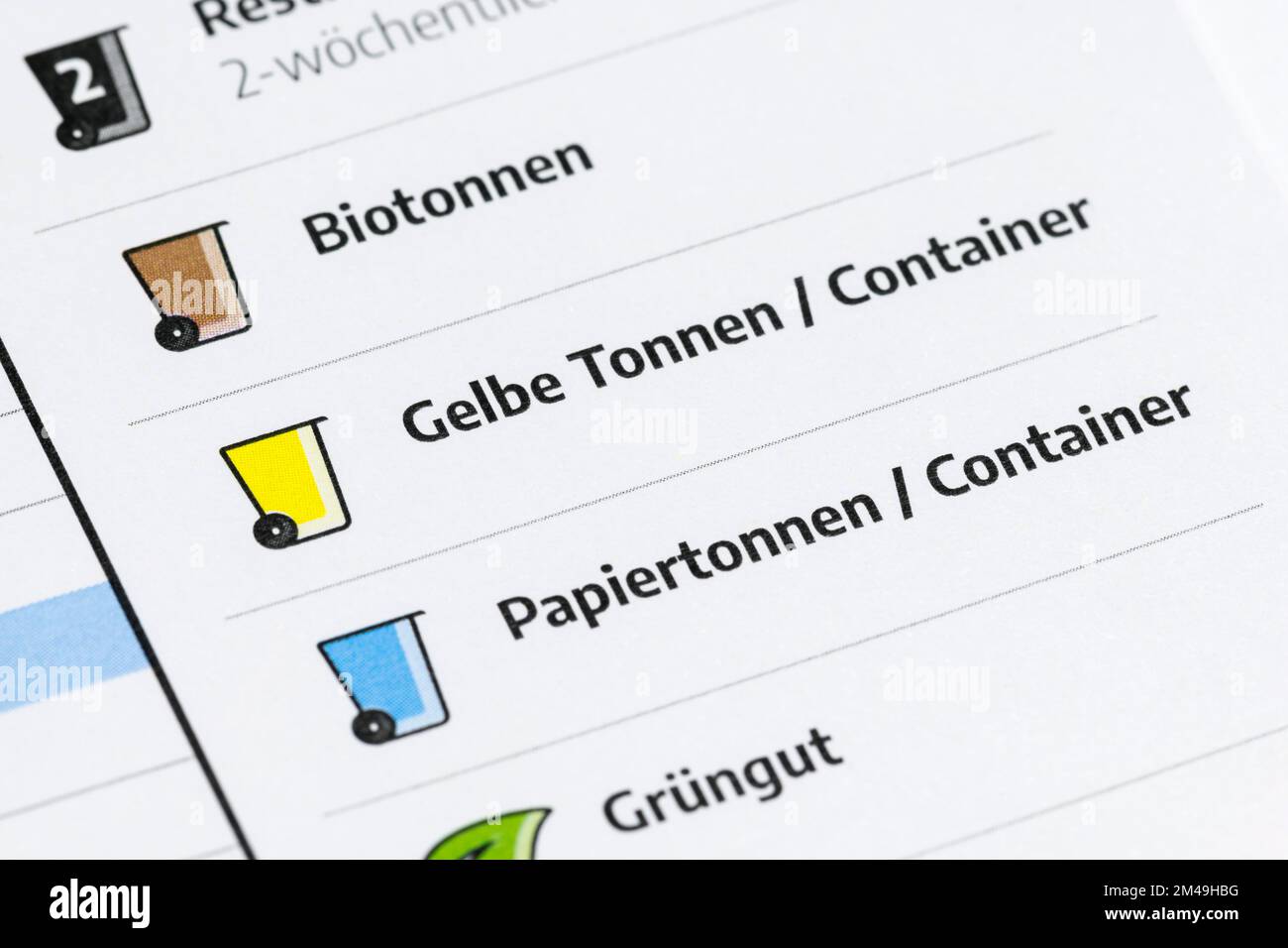 Annual calendar for waste disposal, yellow bins, organic waste bin