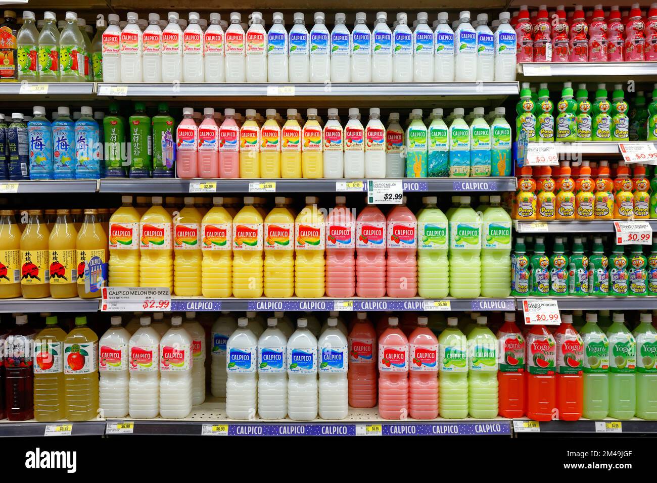 Bottles of Calpico milk-based soft drink on a supermarket shelf in an Asian grocery store. Stock Photo