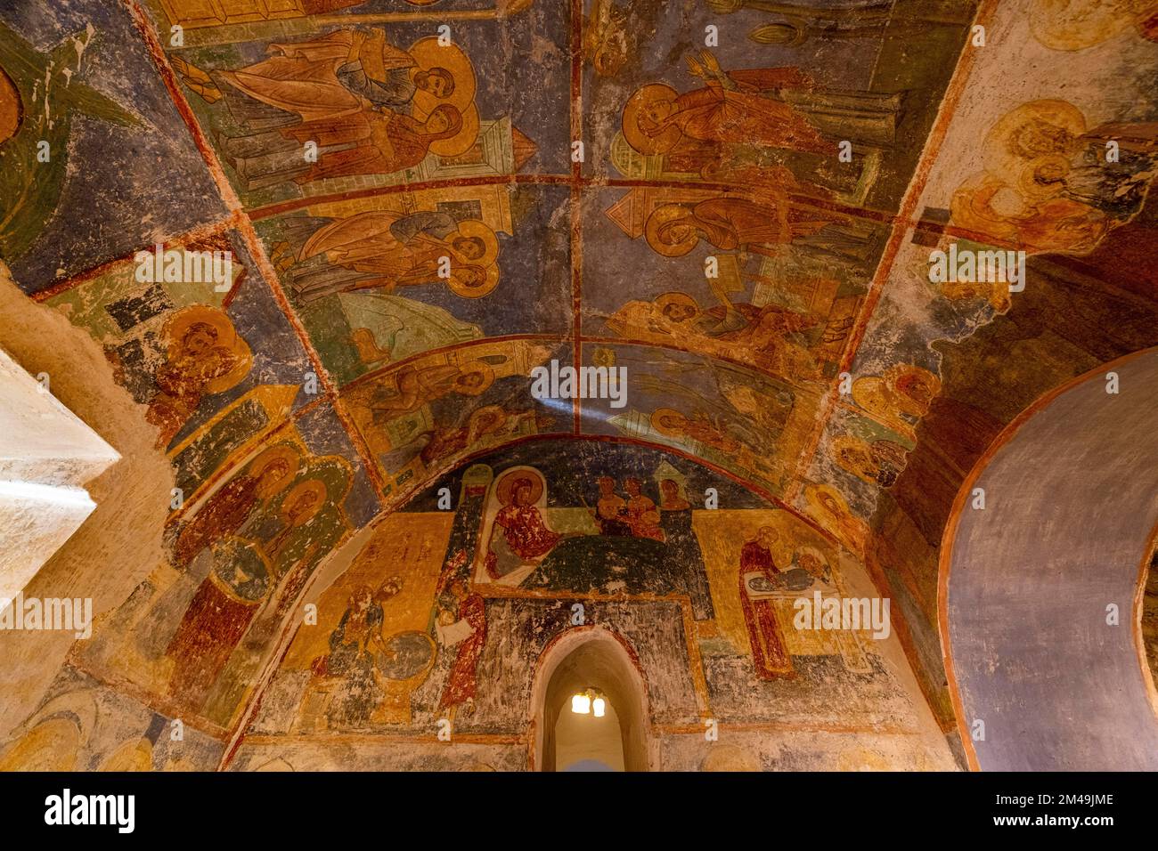 Old icons in the Spaso-Preobrazhenskiy Mirozhskiy Male Monastery, Unesco site Pskov, Russia Stock Photo