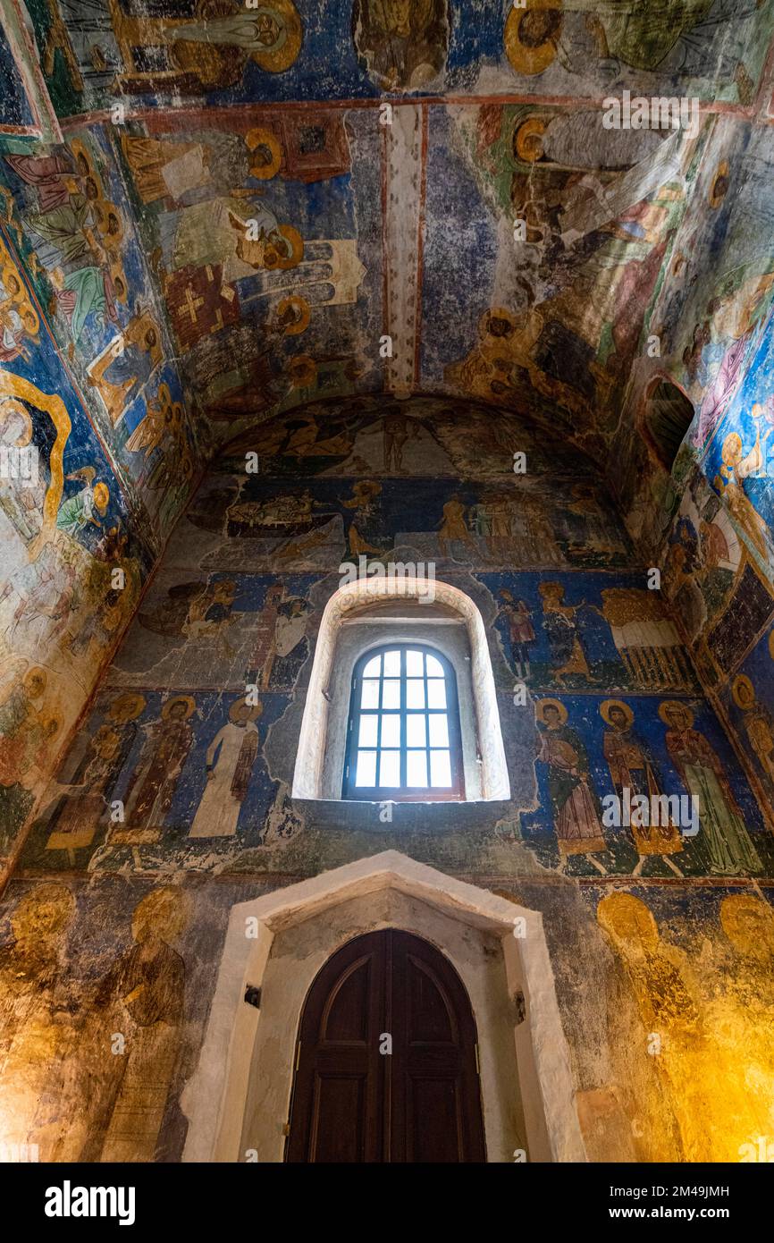 Old icons in the Spaso-Preobrazhenskiy Mirozhskiy Male Monastery, Unesco site Pskov, Russia Stock Photo