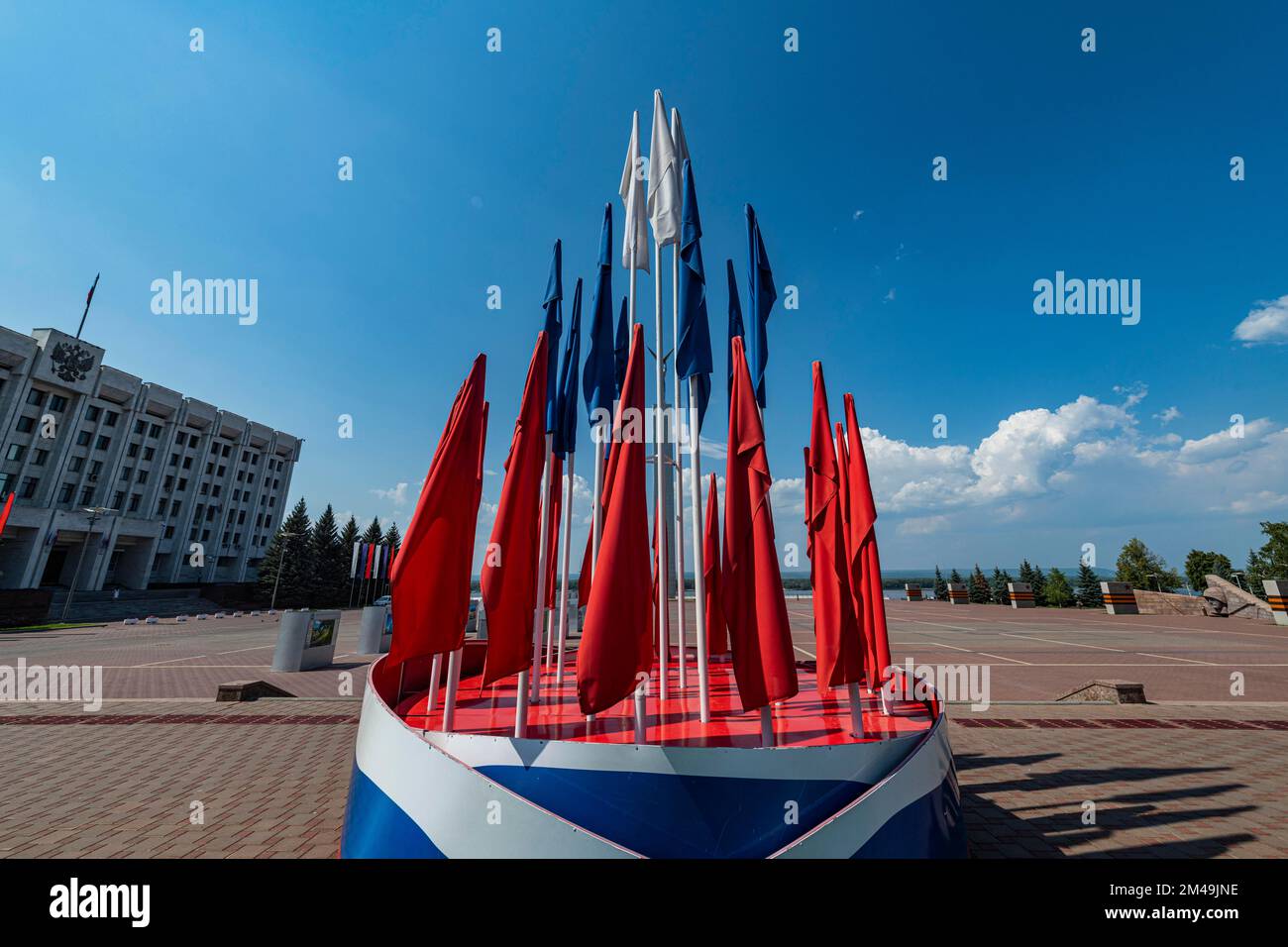 Russian flags before the Monument of Glory, Samara, Russia Stock Photo