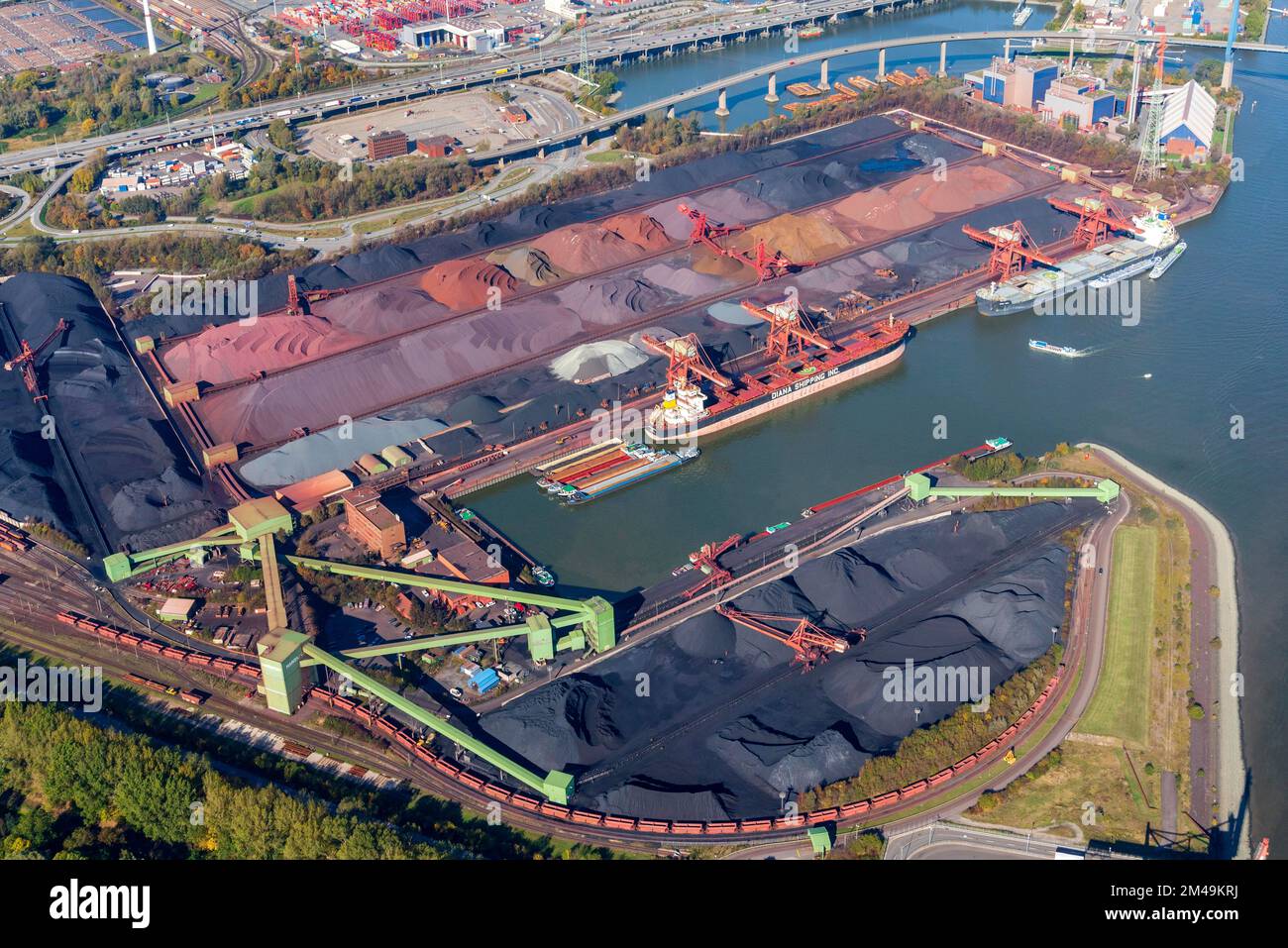 Aerial view of Hansaport, loading, storage, ore, coal, energy source, fossil, ship, quay, Elbe, Suederelbe, Hamburg, Germany Stock Photo