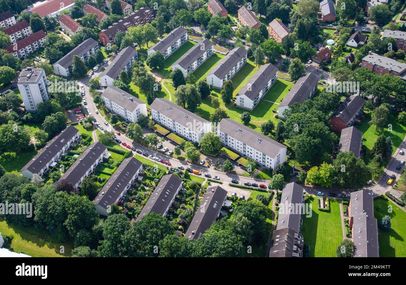 Aerial view of a housing estate, housing construction, seventies, flat block, terraced house, high-rise, social housing, cooperative, Grandkoppel Stock Photo