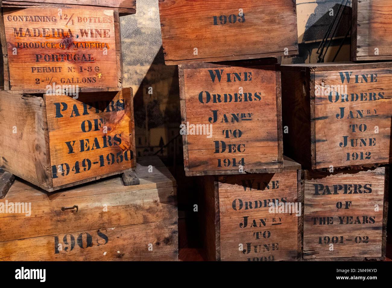Historical boxes for Madeira Wine from Blandy's, Funchal, Madeira
