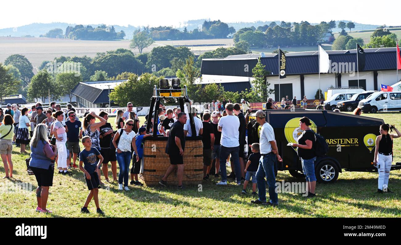 Due to gusty winds, the mass launch of the balloons was cancelled at the Montgolfiade 2019 in Warstein on 31 Aug 2019 and the 21, 000 visitors had to Stock Photo