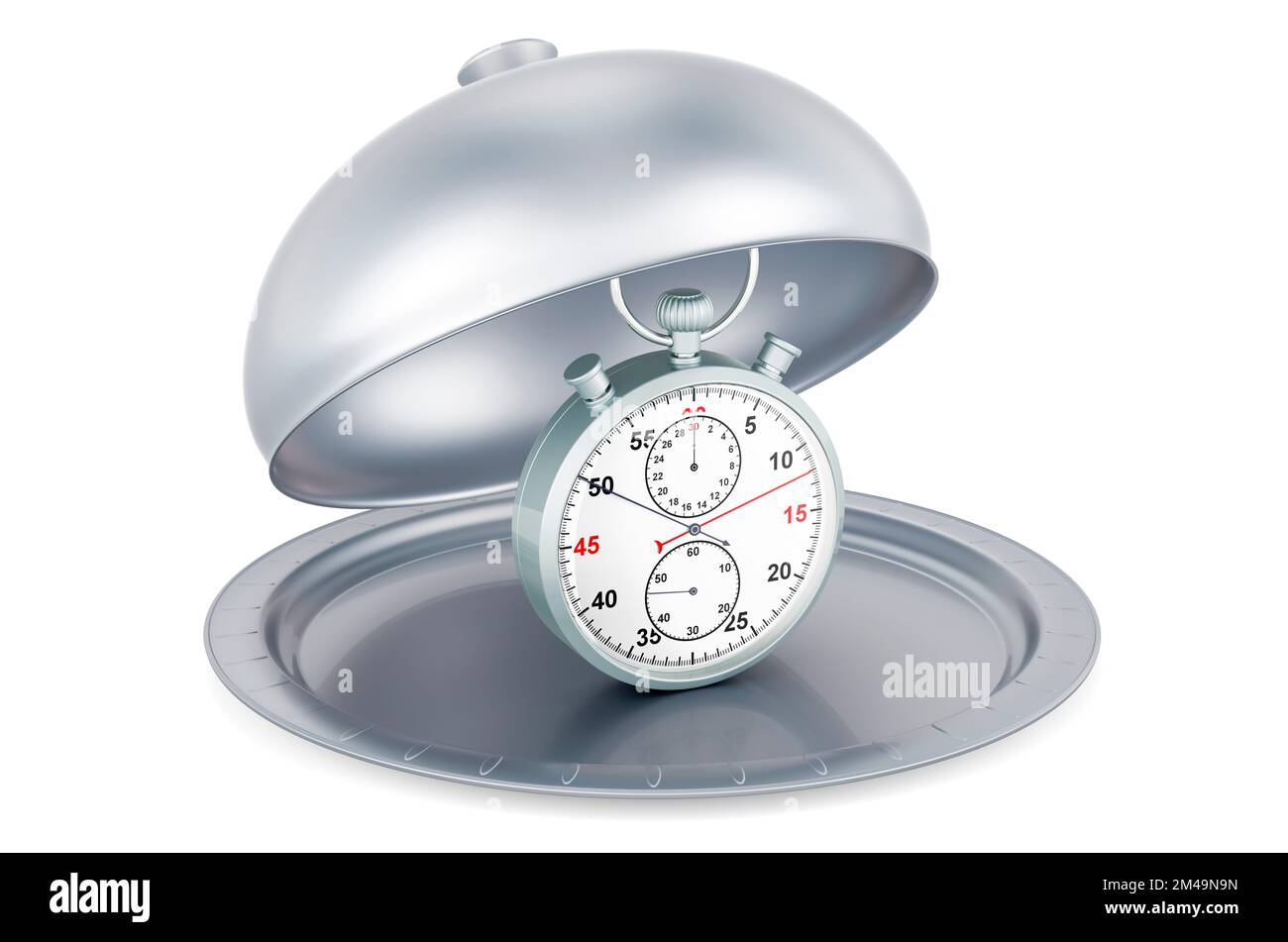 Restaurant cloche with stopwatch, 3D rendering isolated on white