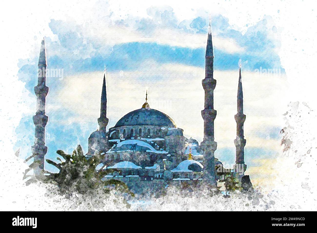 Watercolor art Blue Mosque Minarets, Islam and religion concept Stock Photo Alamy