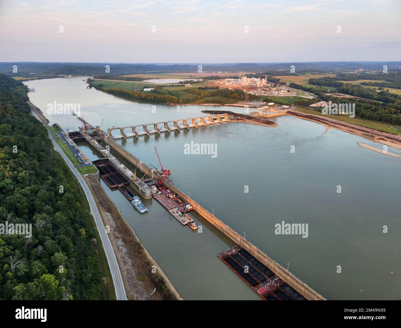 The sun sets as work continues at Cannelton Locks and Dam on the Ohio