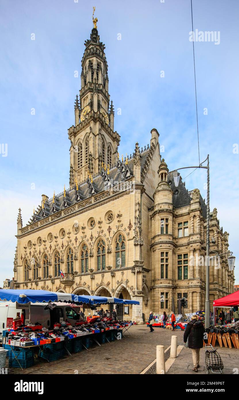 Gothic Town Hall with Belfry at the Place des Heros, UNESCO World Heritage Site, Old Town of Arras, Pas-de-Calais Department, Hauts-de-France Region Stock Photo