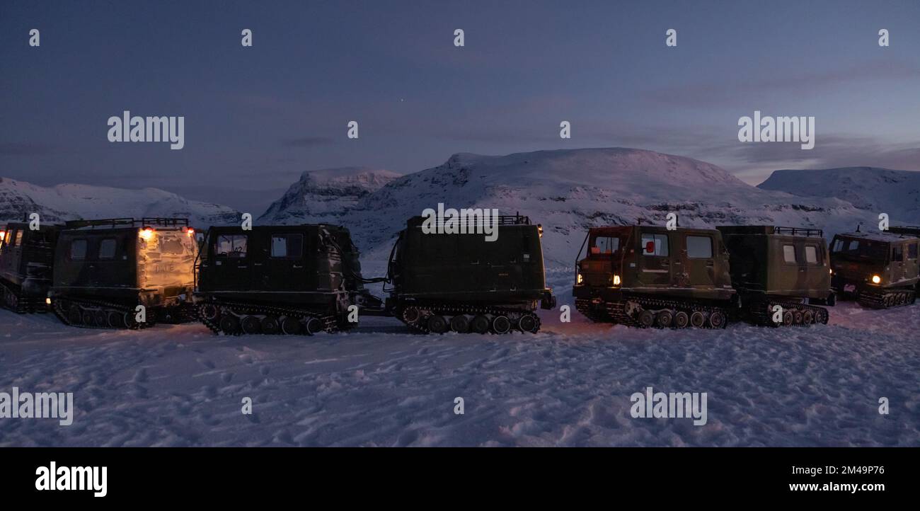 U.S. Marines with 2d Marine Division and 2d Marine Logistics Group, park Bandvagn 206s during the Belted Vehicle Course in Forset, Norway, Dec. 11, 2022. The Belted Vehicle Course teaches Marines technical knowledge and proficiency in operating the Bandvagn 206 in the arctic environment. (U.S. Marine Corps photo by Lance Cpl. Averi Rowton) Stock Photo