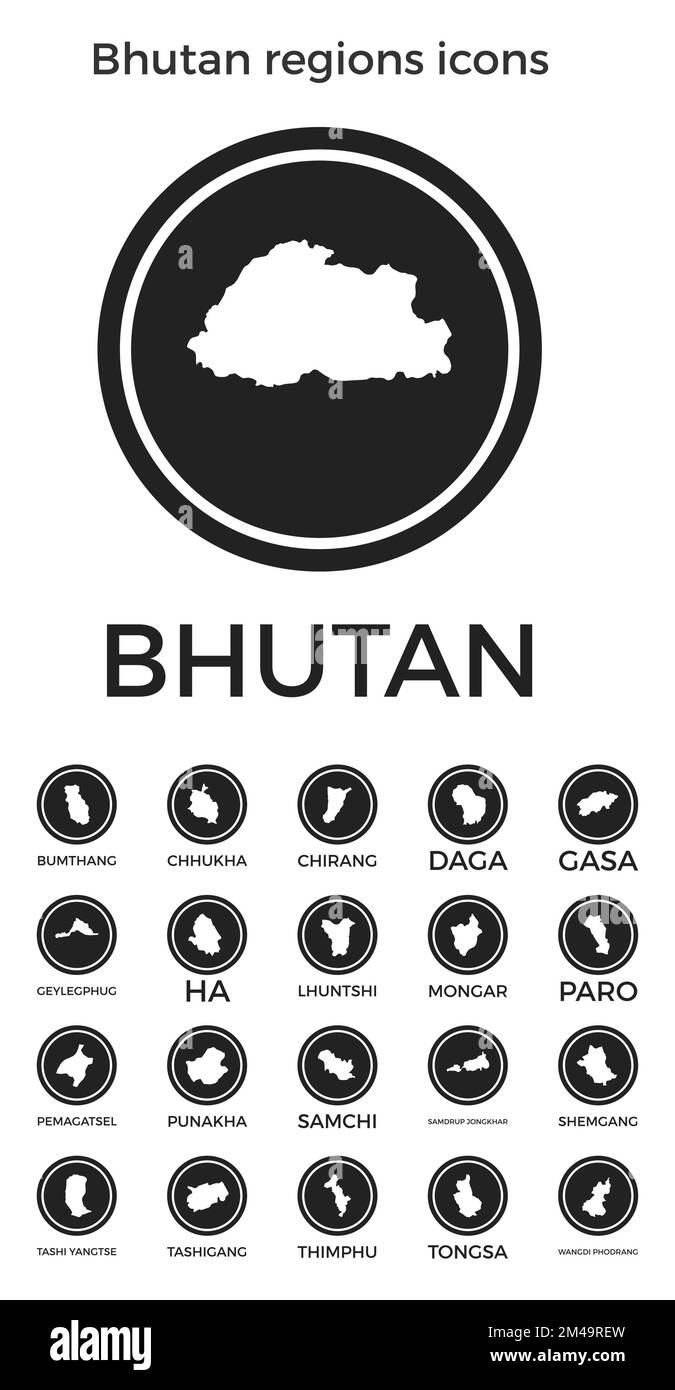 Bhutan regions icons. Black round logos with country regions maps and titles. Vector illustration. Stock Vector
