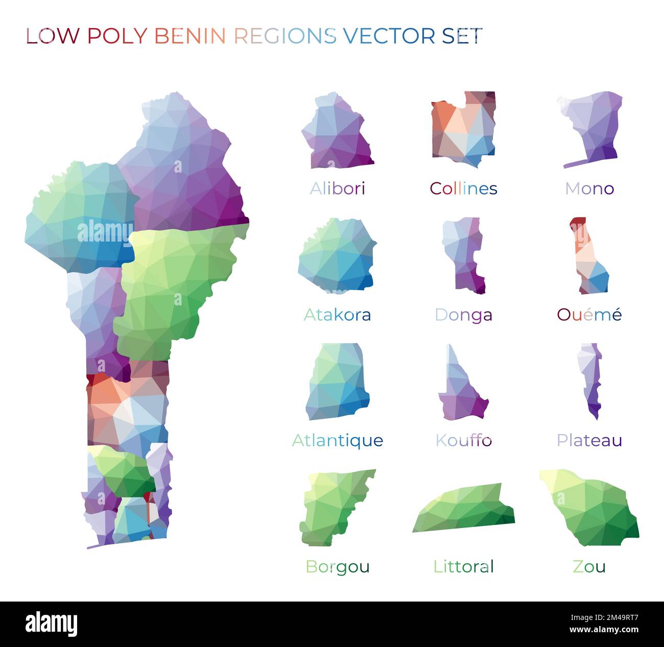 Beninese low poly regions. Polygonal map of Benin with regions. Geometric maps for your design. Stylish vector illustration. Stock Vector