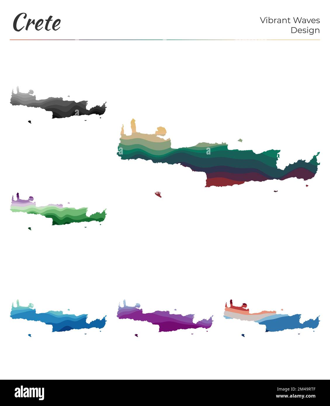 Set of vector maps of Crete. Vibrant waves design. Bright map of island ...
