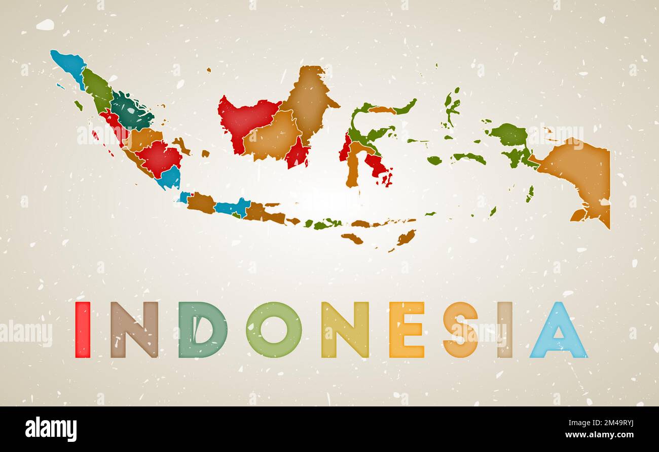 Indonesia map. Country poster with colored regions. Old grunge texture