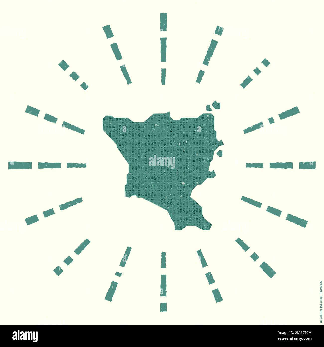 Green Island, Taiwan Logo. Grunge sunburst poster with map of the