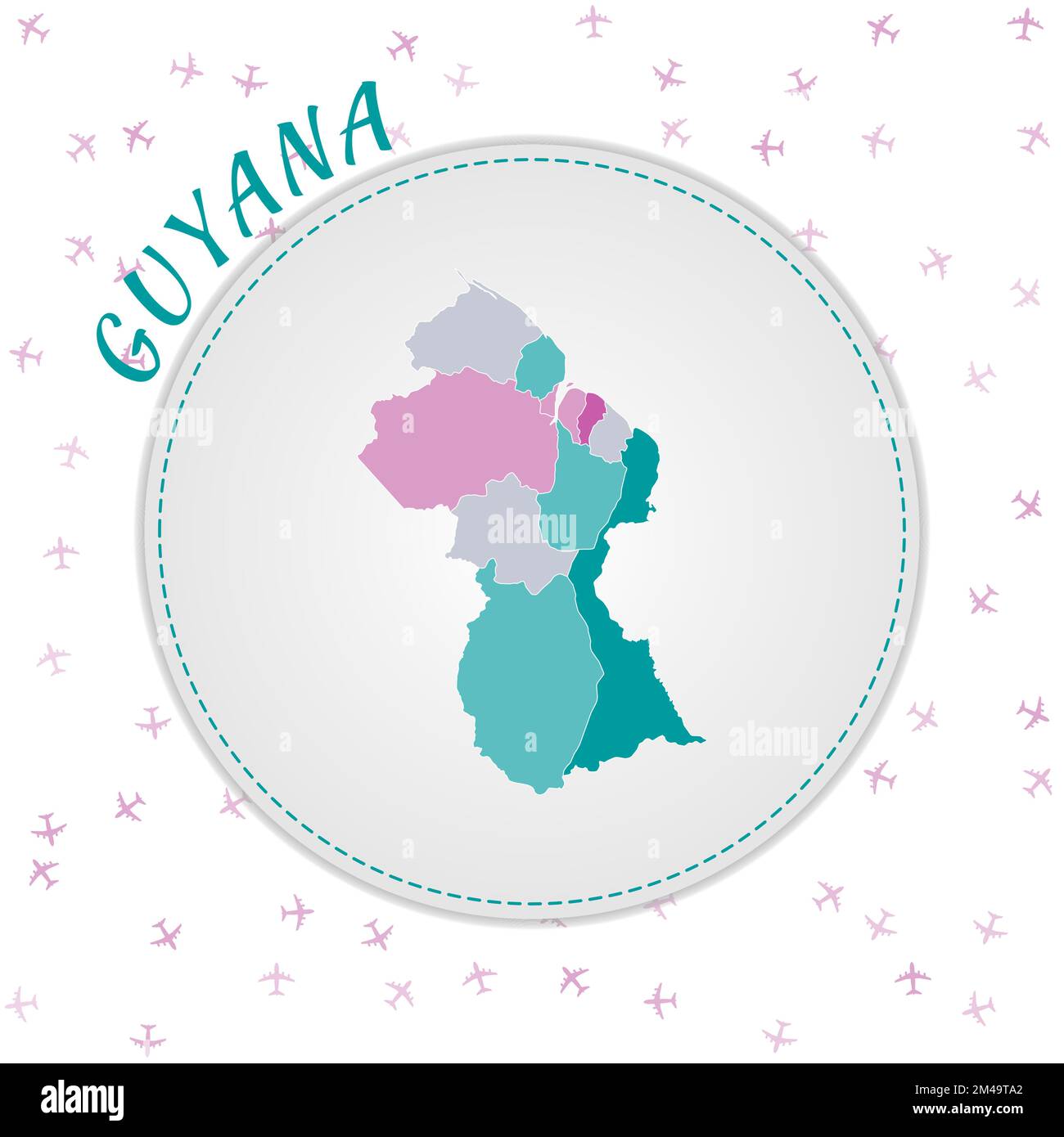 Guyana map design. Map of the country with regions in emeraldamethyst