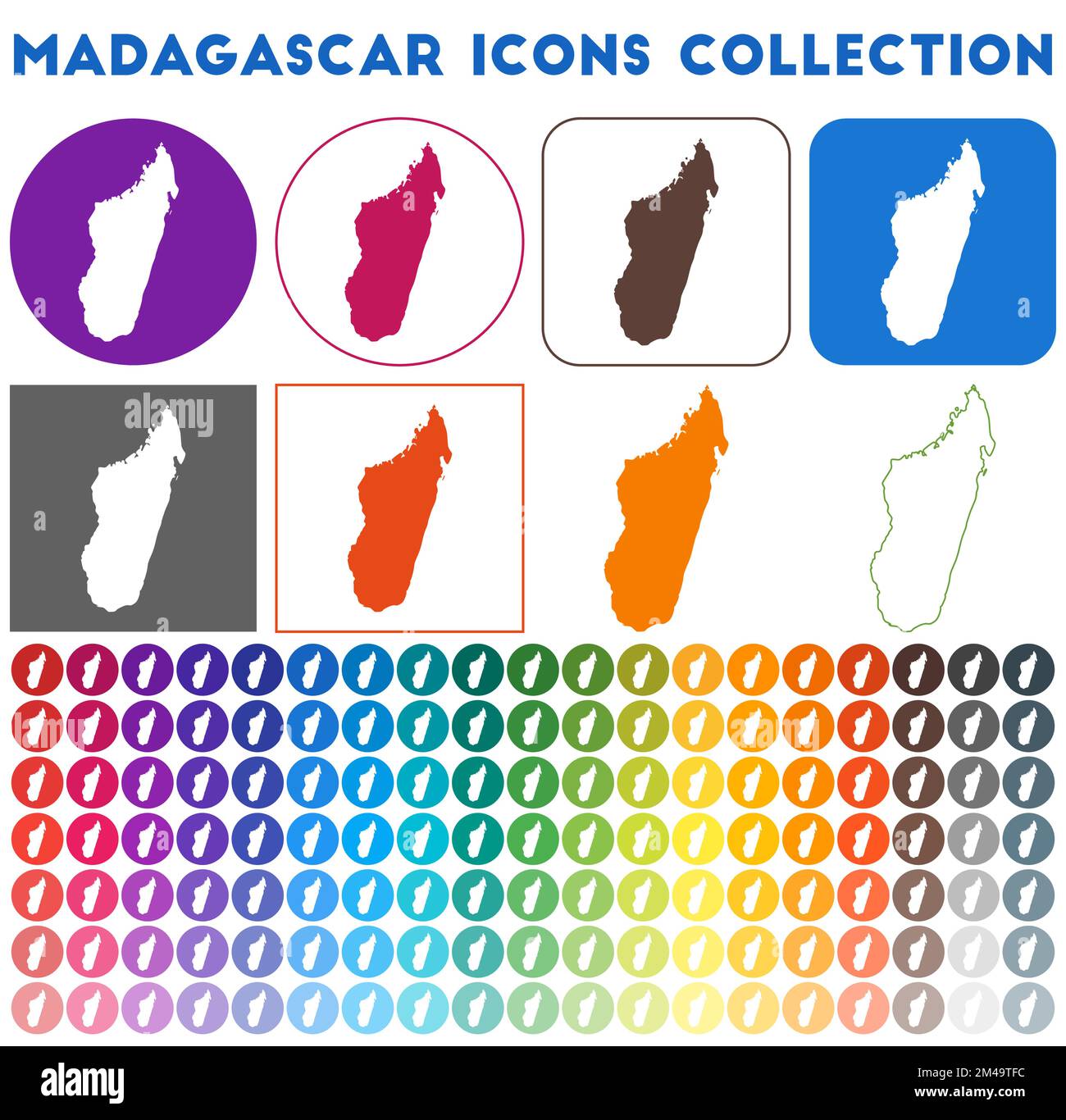 Madagascar icons collection. Bright colourful trendy map icons. Modern Madagascar badge with country map. Vector illustration. Stock Vector