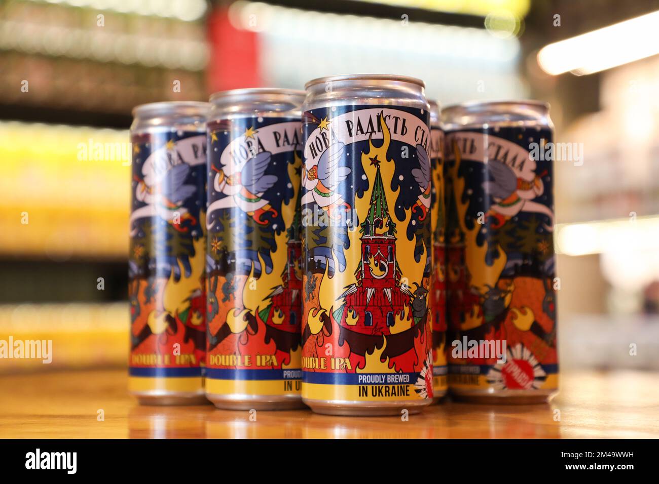 Lviv, Ukraine. 19th Dec, 2022. Cans of a new beer produced by the ...