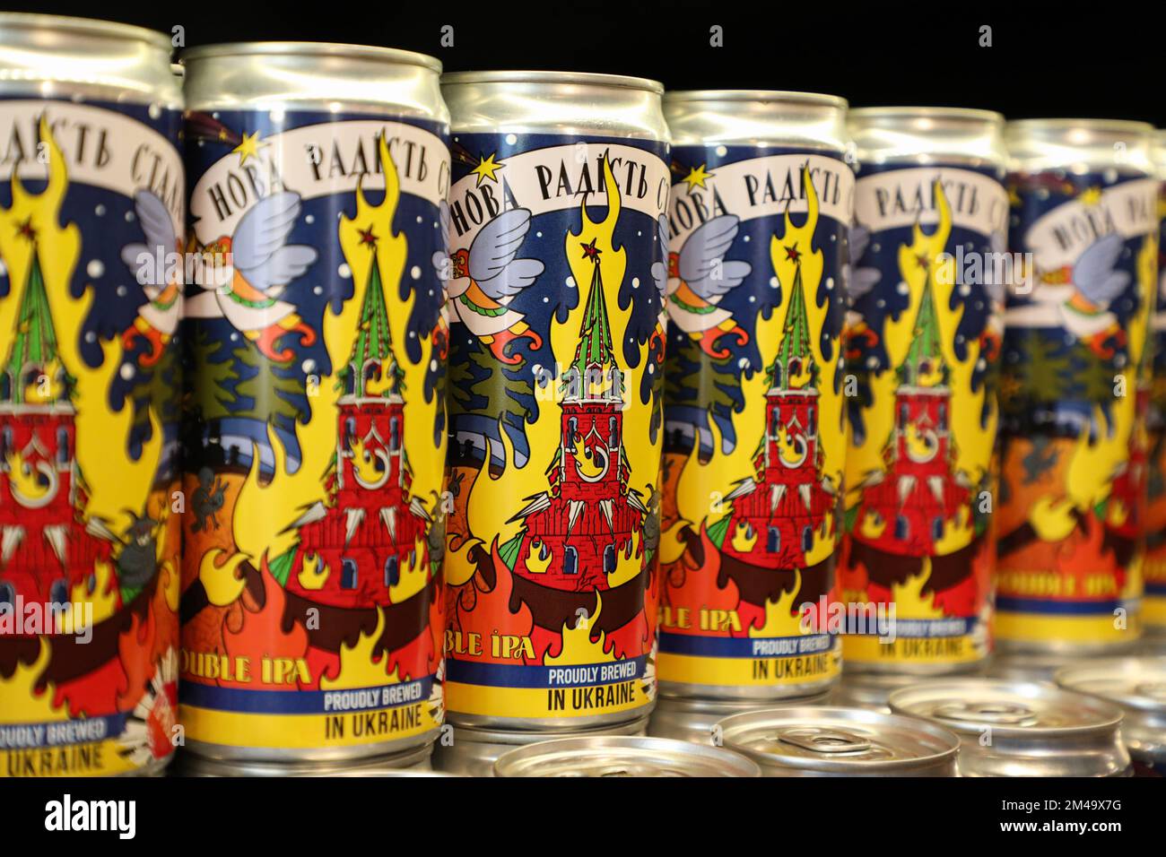 Cans of a new beer produced by the Ukrainian brewery, "Pravda Beer ...