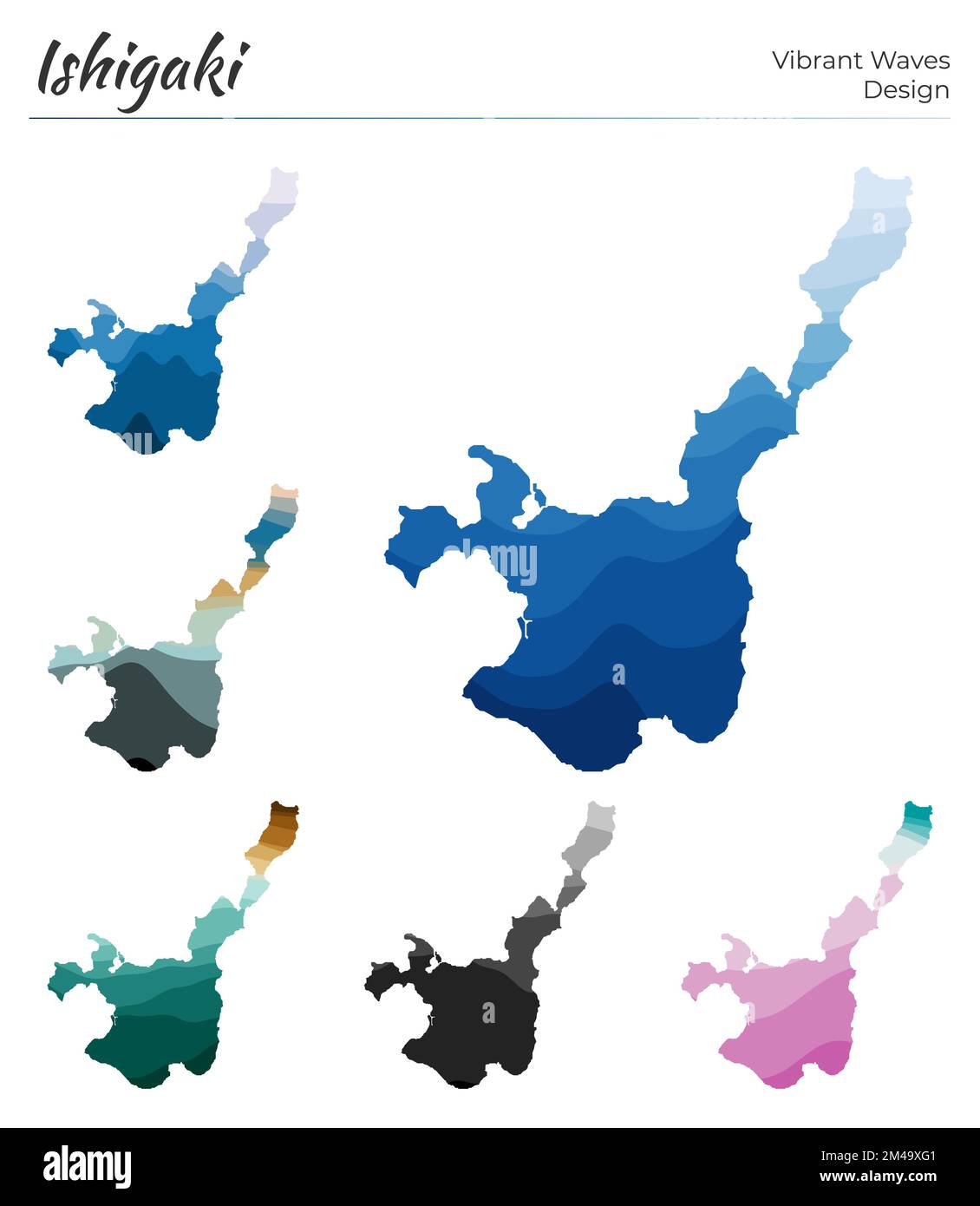 Set of vector maps of Ishigaki. Vibrant waves design. Bright map of ...